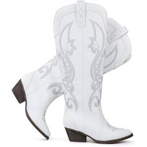 Women's White Faux Leather Pointed Toe and Block Heel Classic Embroidered Boot